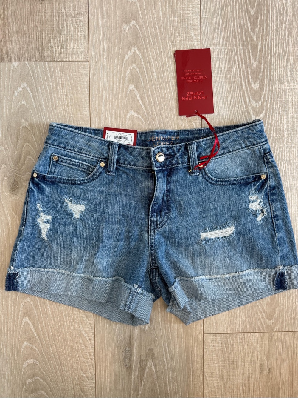 Jennifer Lopez Light Blue Distressed Cuffed Denim Shorts